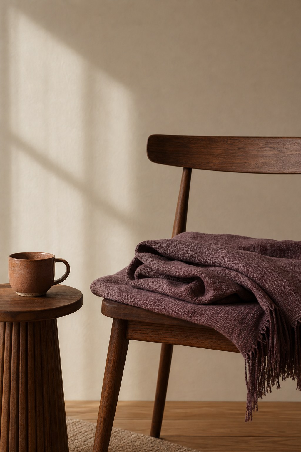 Wooden chair with a folded plum linen throw beside a ceramic cup