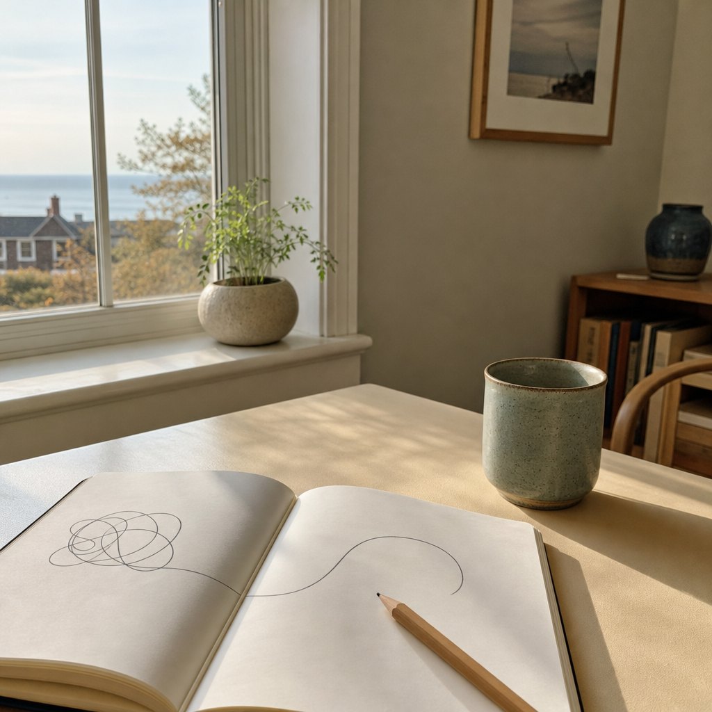 Open journal and cup on a warm desk