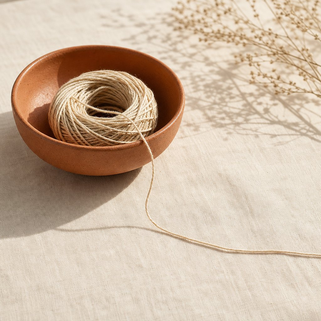 Coiled natural thread in a terracotta bowl