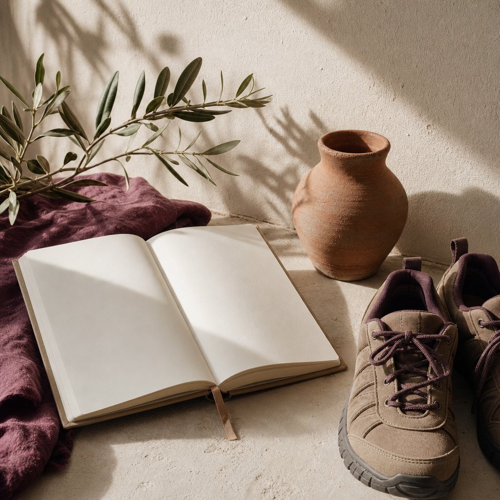 Sketchbook, olive leaves and walking shoes near a cream wall