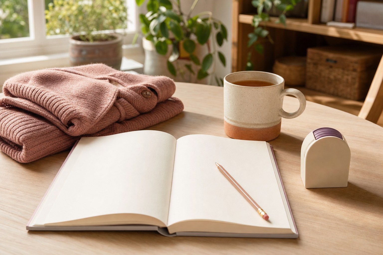 Open workbook, pencil and tea prepared for a practical learning session