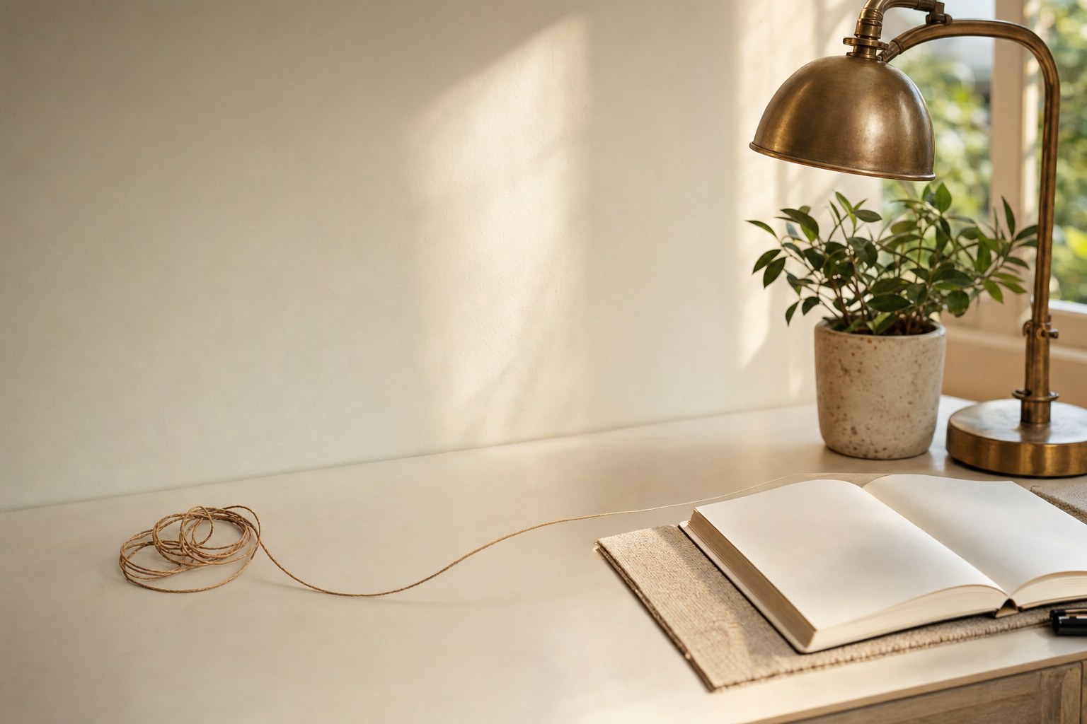 Notebook and looping thread on a warm desk