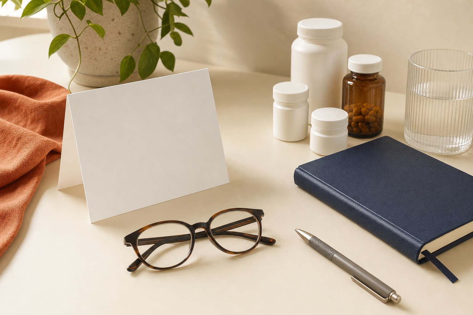 Notebook, medicine containers and glasses prepared on a table before a healthcare appointment