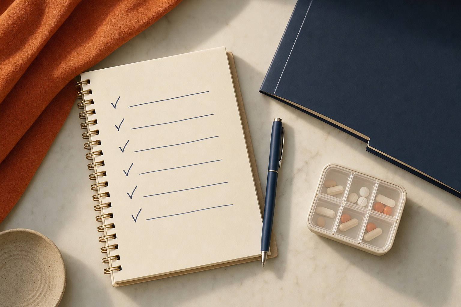 A simple checklist notebook beside a medicine organiser