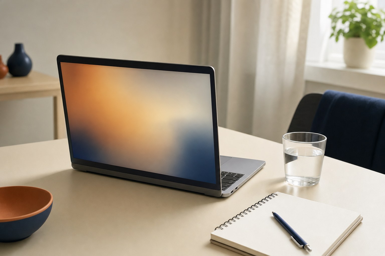 A laptop, water and notebook arranged for a virtual healthcare appointment