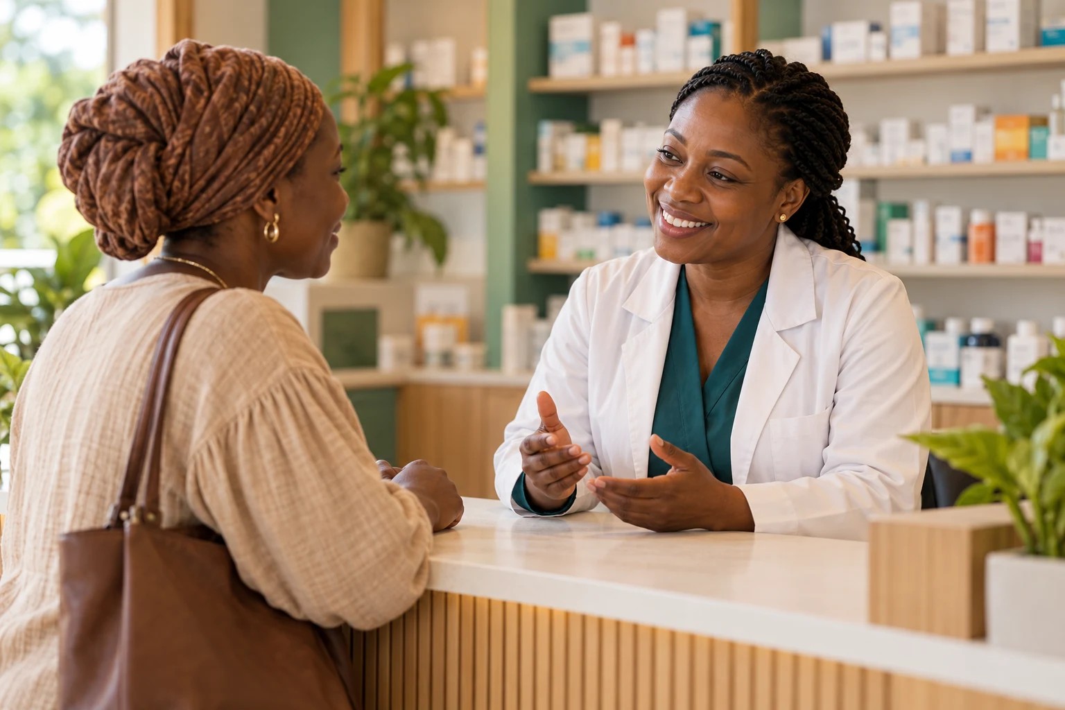 Illustrative image of a West African pharmacist warmly helping a customer