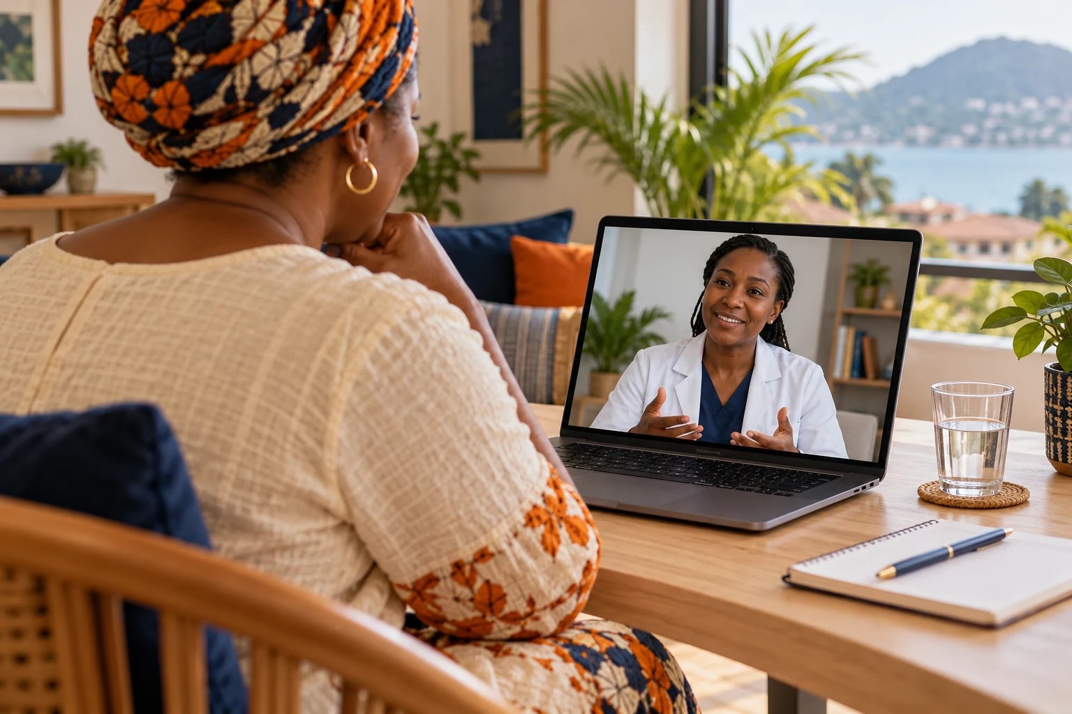 Illustrative image of a woman connecting with a clinician by video