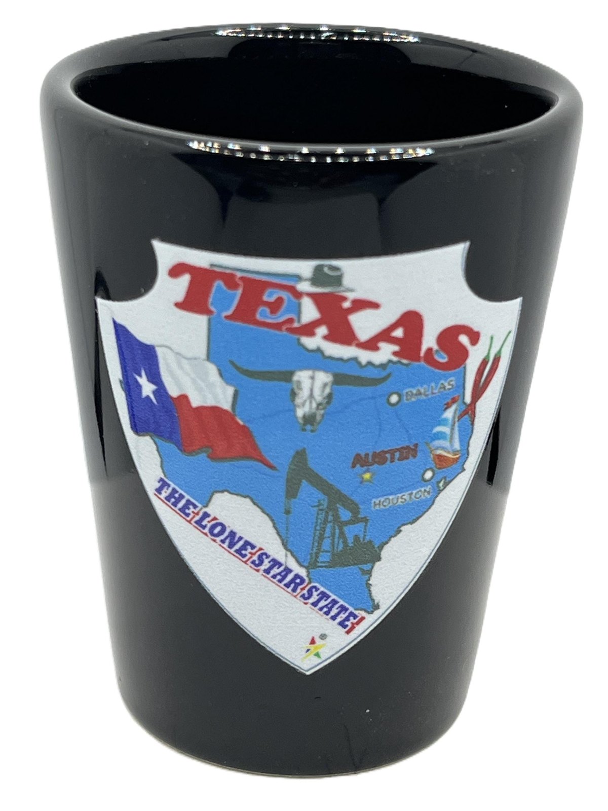 Texas Shield Design Ceramic Black Souvenirs Shot Glass 2 Oz