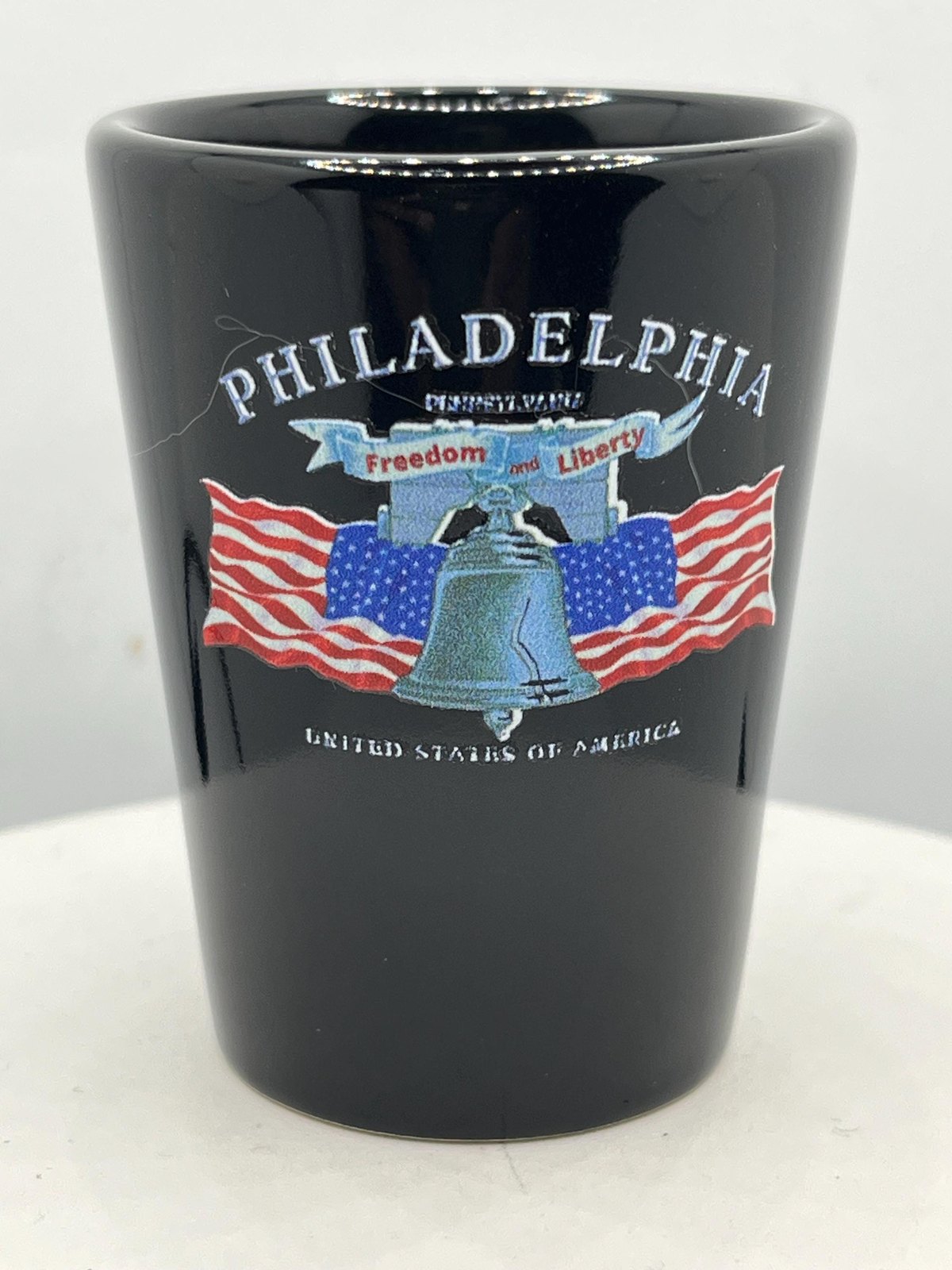 Philadelphia PA Liberty Bell Ceramic Black Souvenirs Shot Glass 2 Oz