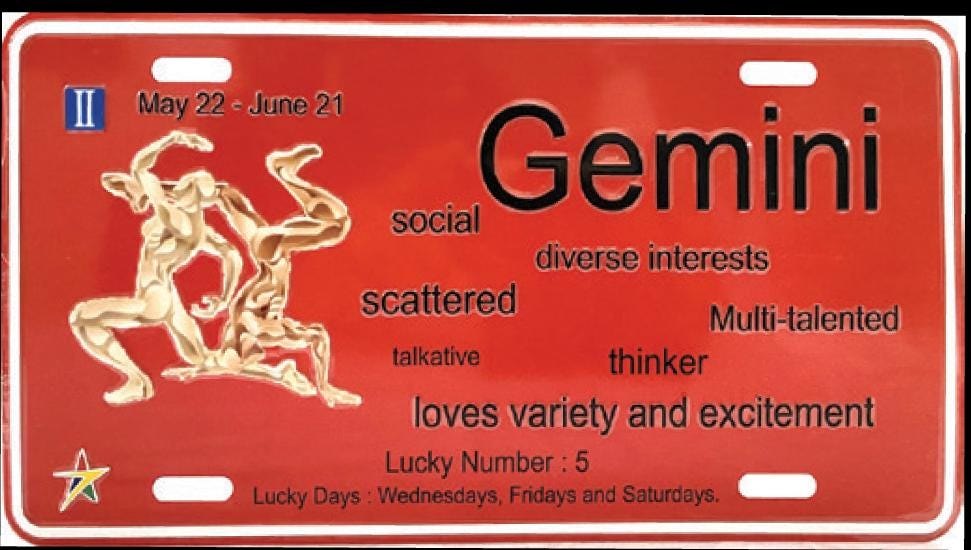 Gemini Aluminum Embossed License Plate Tag Zodiac Signs Size: 12"x6"