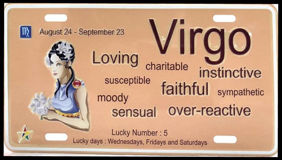 Virgo Aluminum Embossed License Plate Tag Zodiac Signs Size: 12"x6"