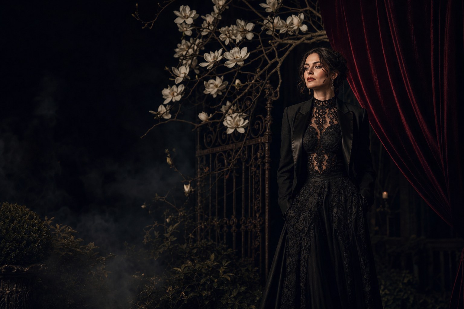 Woman in black lace among magnolia branches at night