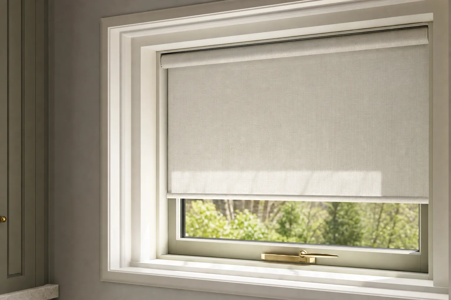 Roller shade fitted inside a deep window recess with clear trim and handle space