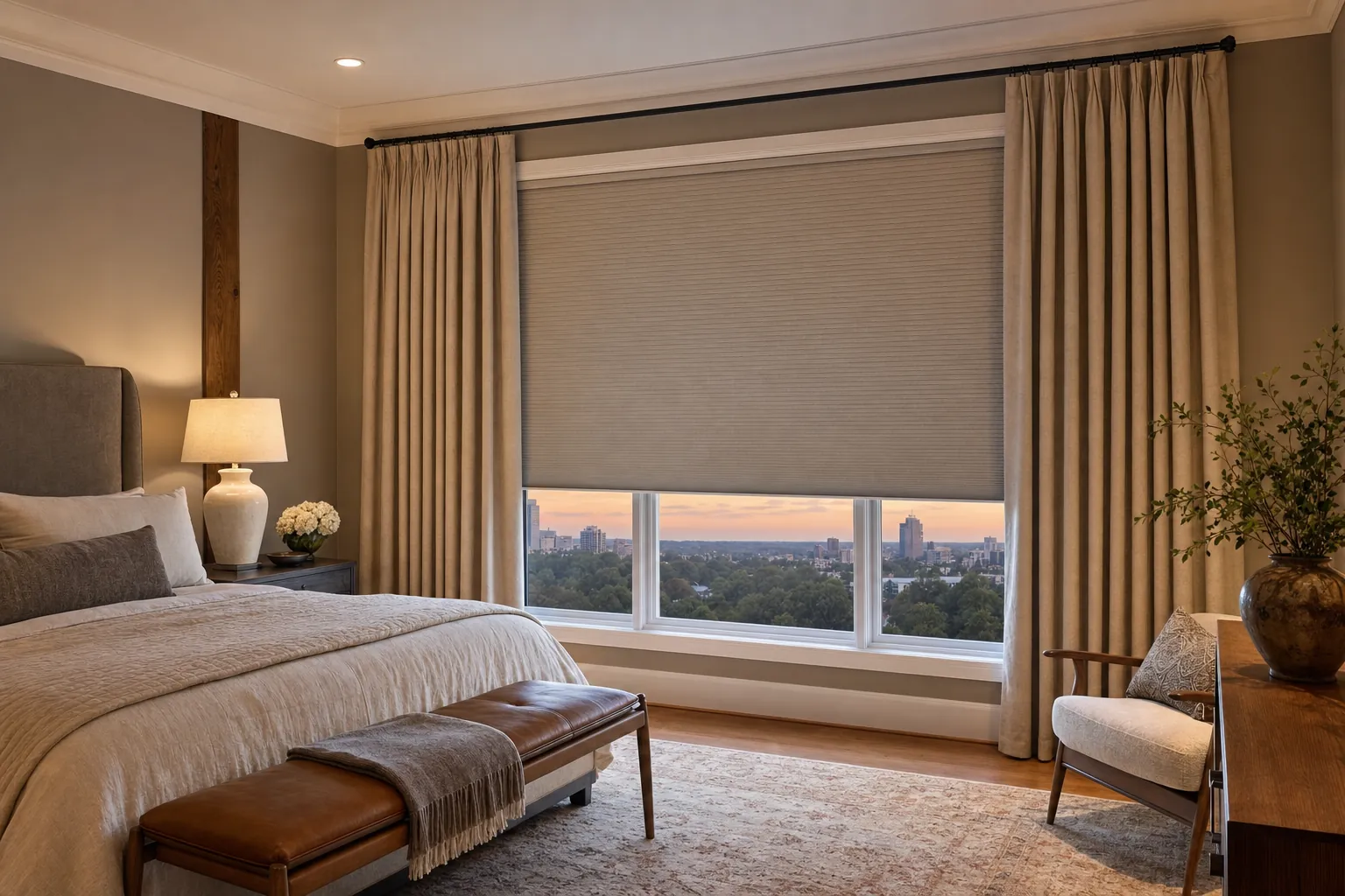 Layered cellular shade and lined drapery framing a wide bedroom window