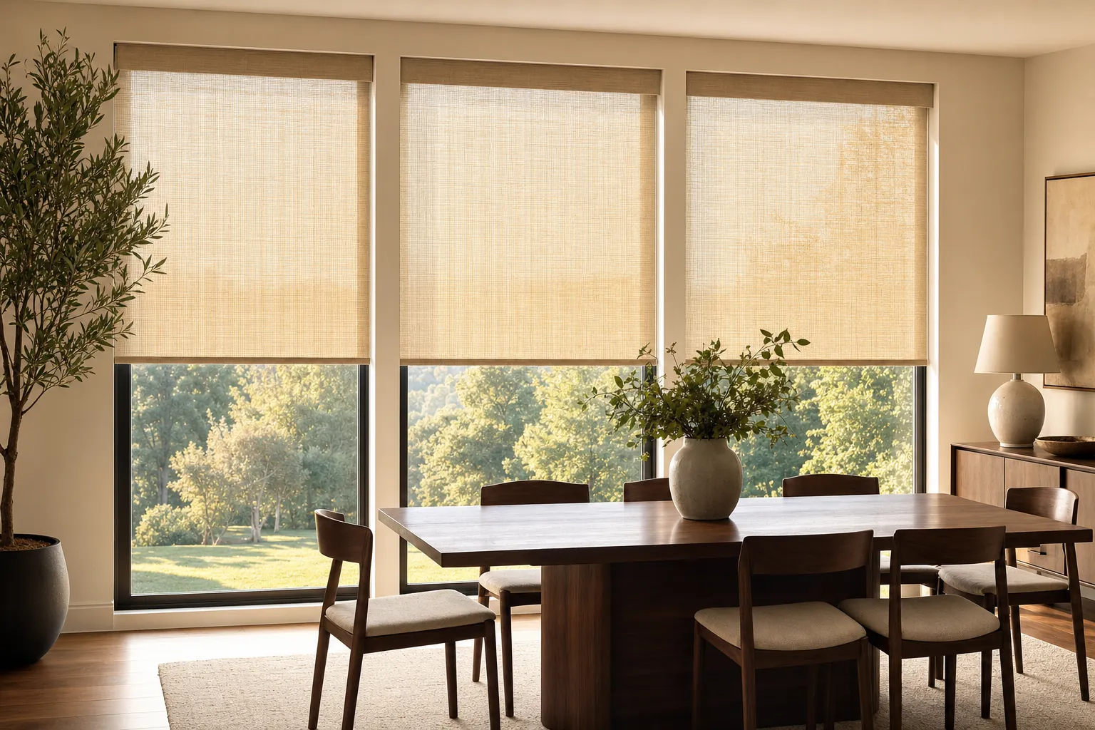 Three aligned woven shades filtering afternoon sun across a dining room window wall