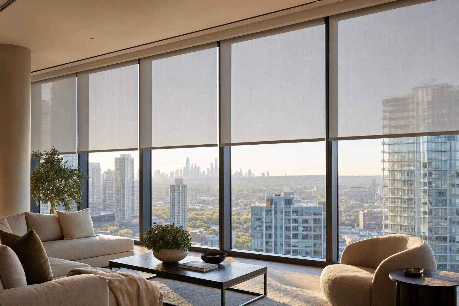 Solar roller shades softening daylight across a high-rise living room