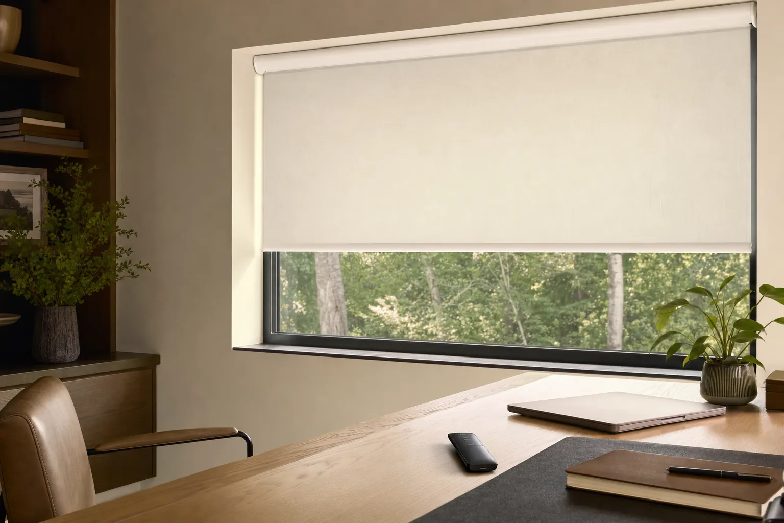 A motorized roller shade above a home office desk with a remote control