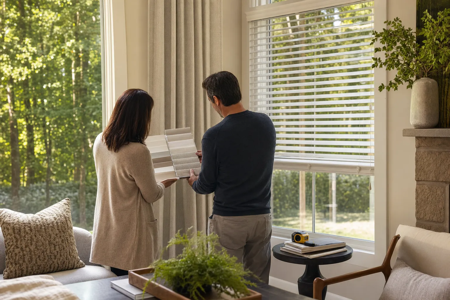 Homeowners comparing shade samples beside existing blinds during an in-home consultation