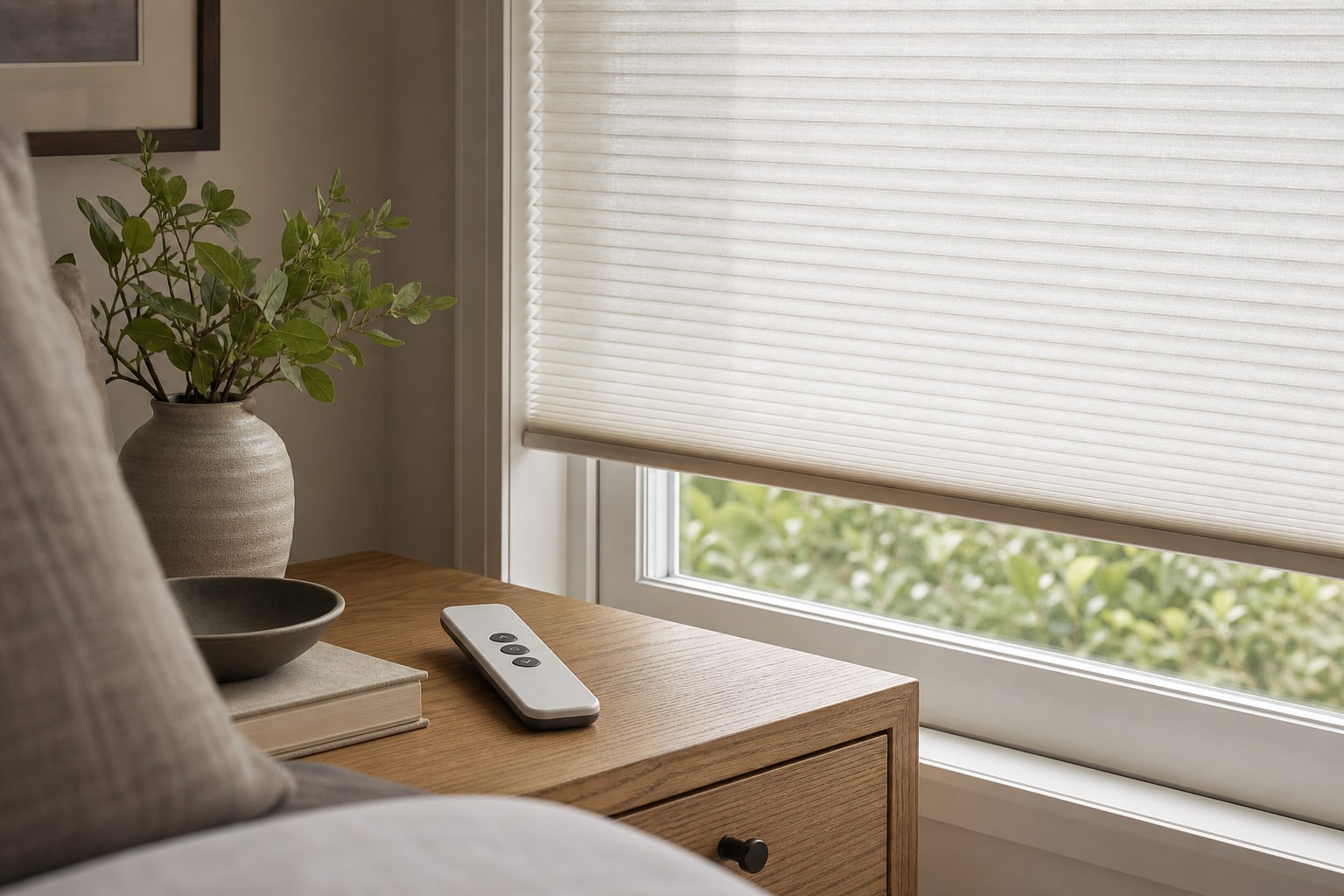 Simple handheld remote beside a motorized cellular shade