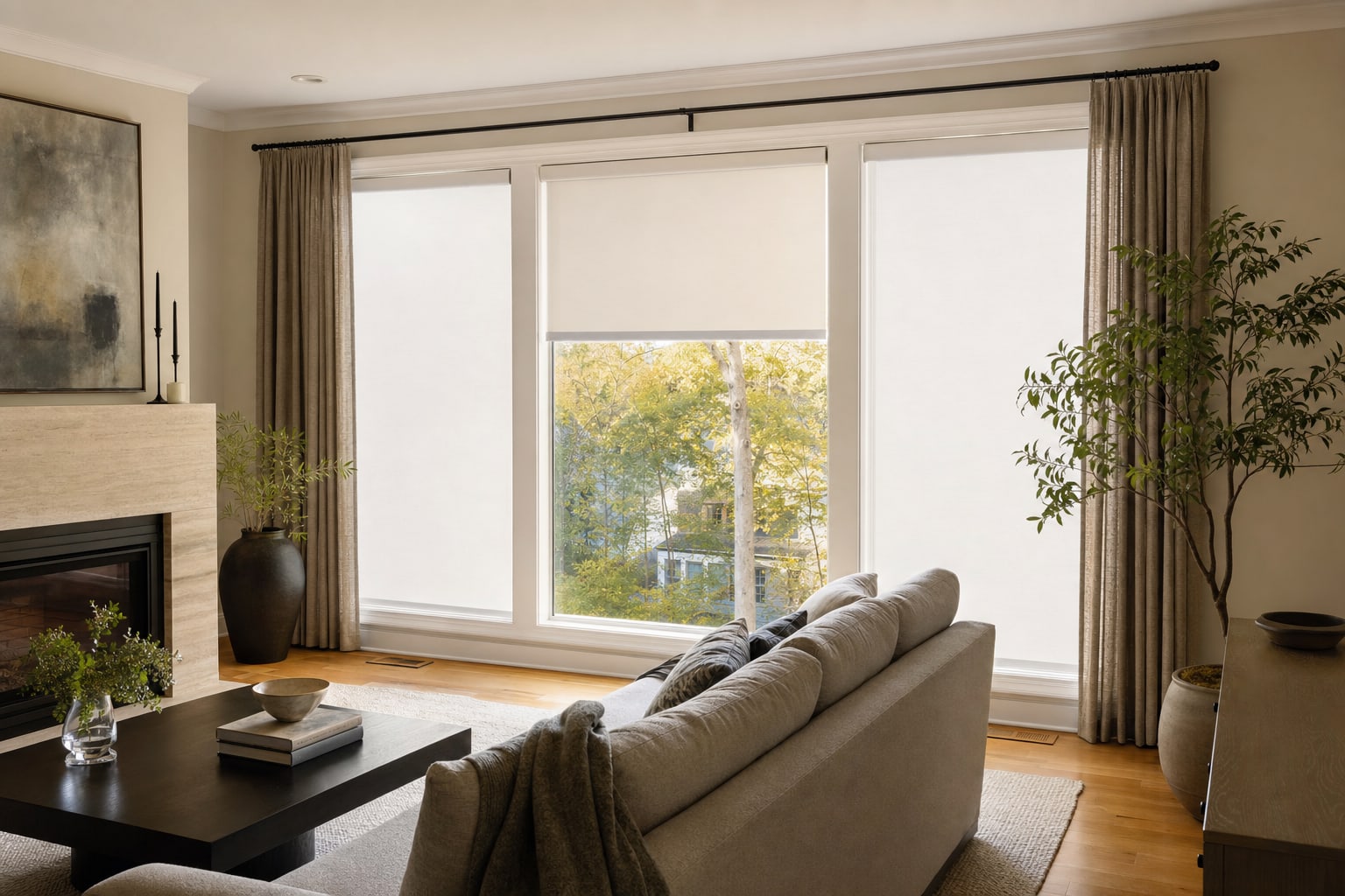 Motorized roller shades filtering daylight across a finished living room
