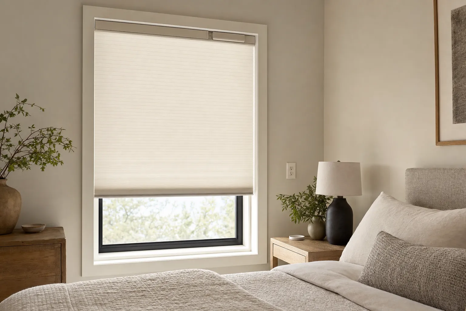 A motorized cellular shade in a calm bedroom with discreet power planning around the window