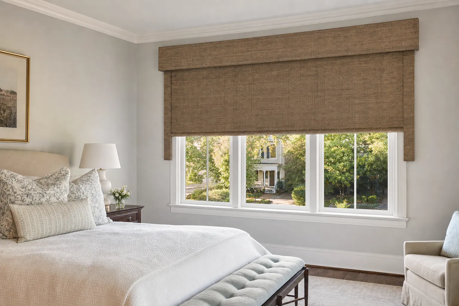 Outside-mounted woven shade extending beyond a bedroom window frame for fuller coverage