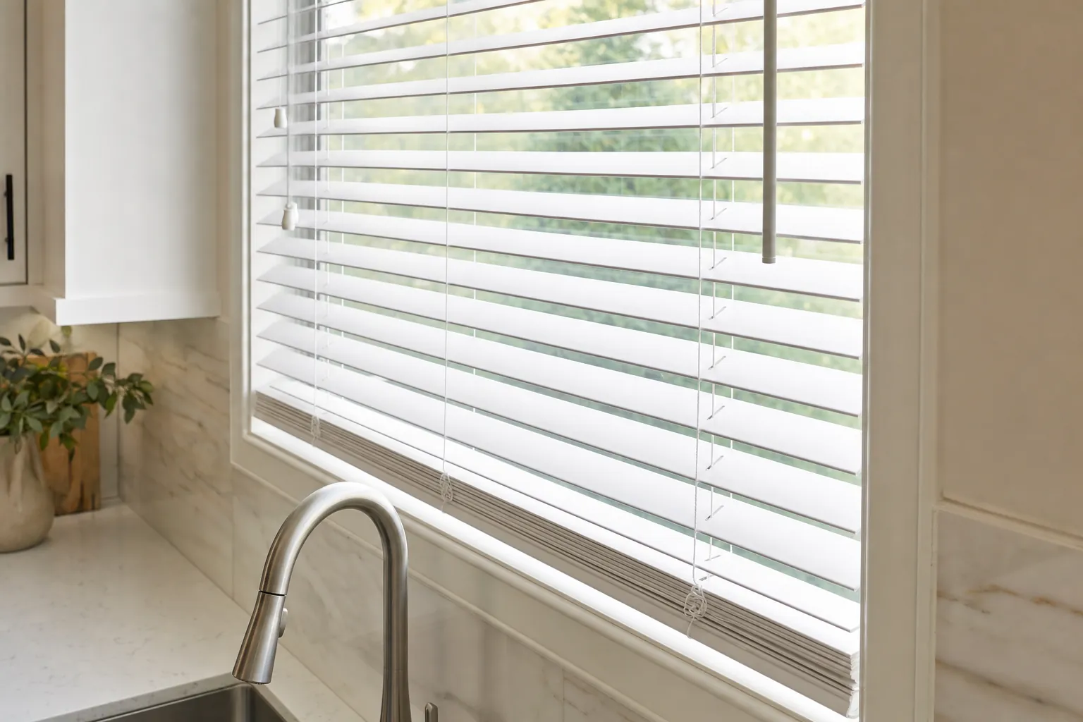 White horizontal blinds tilted to filter daylight in a kitchen