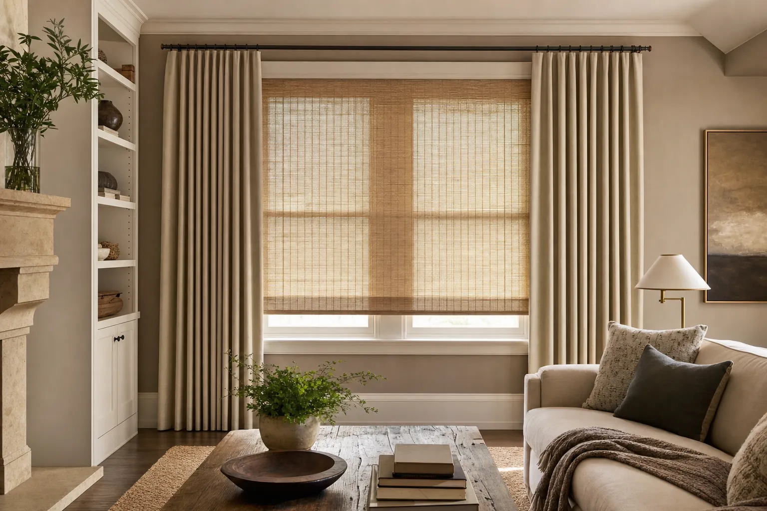 Woven shade and lined drapery layered across a living room window