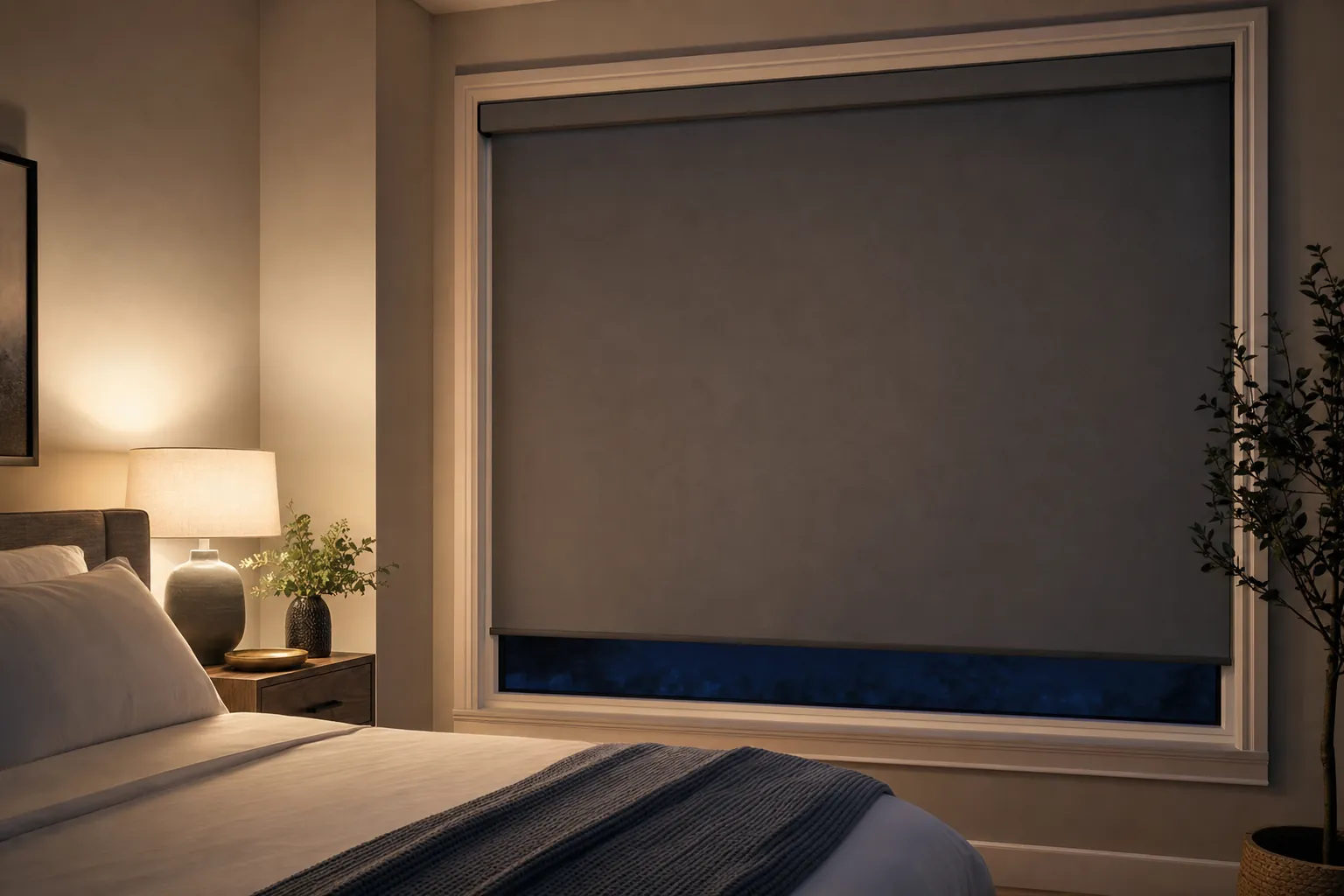 Room-darkening roller shade lowered in a calm bedroom at night