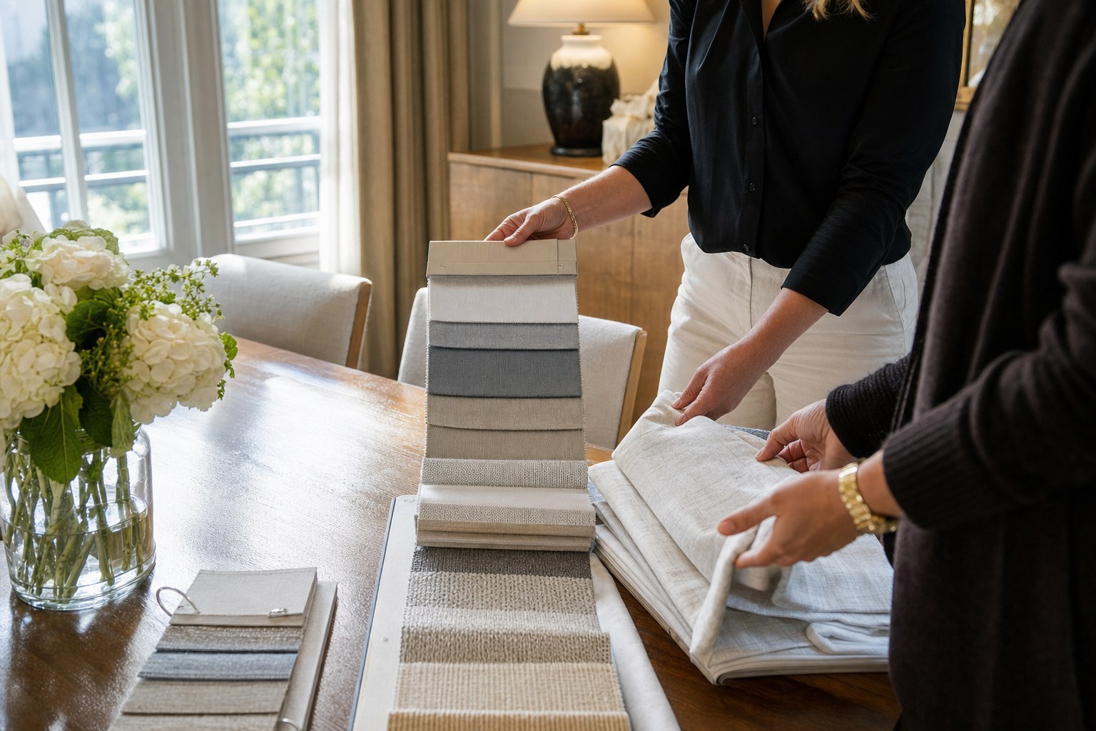 Homeowner and consultant comparing roller shade and Roman shade fabric samples