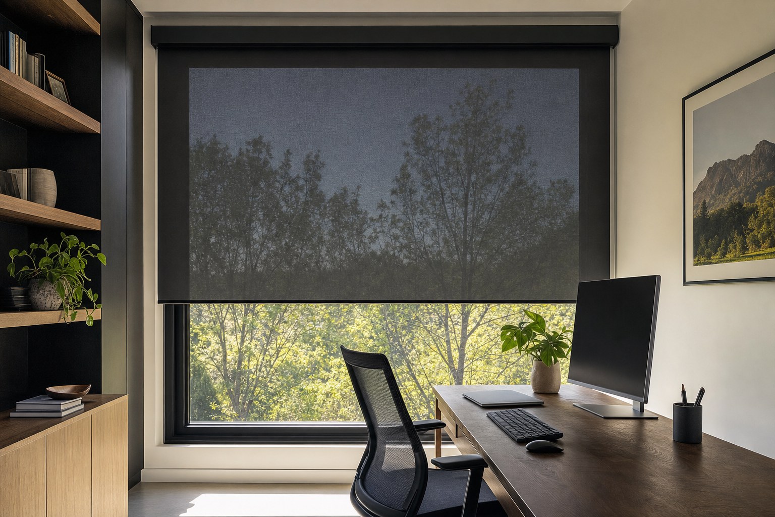 Dark solar roller shade reducing daylight glare in a home office