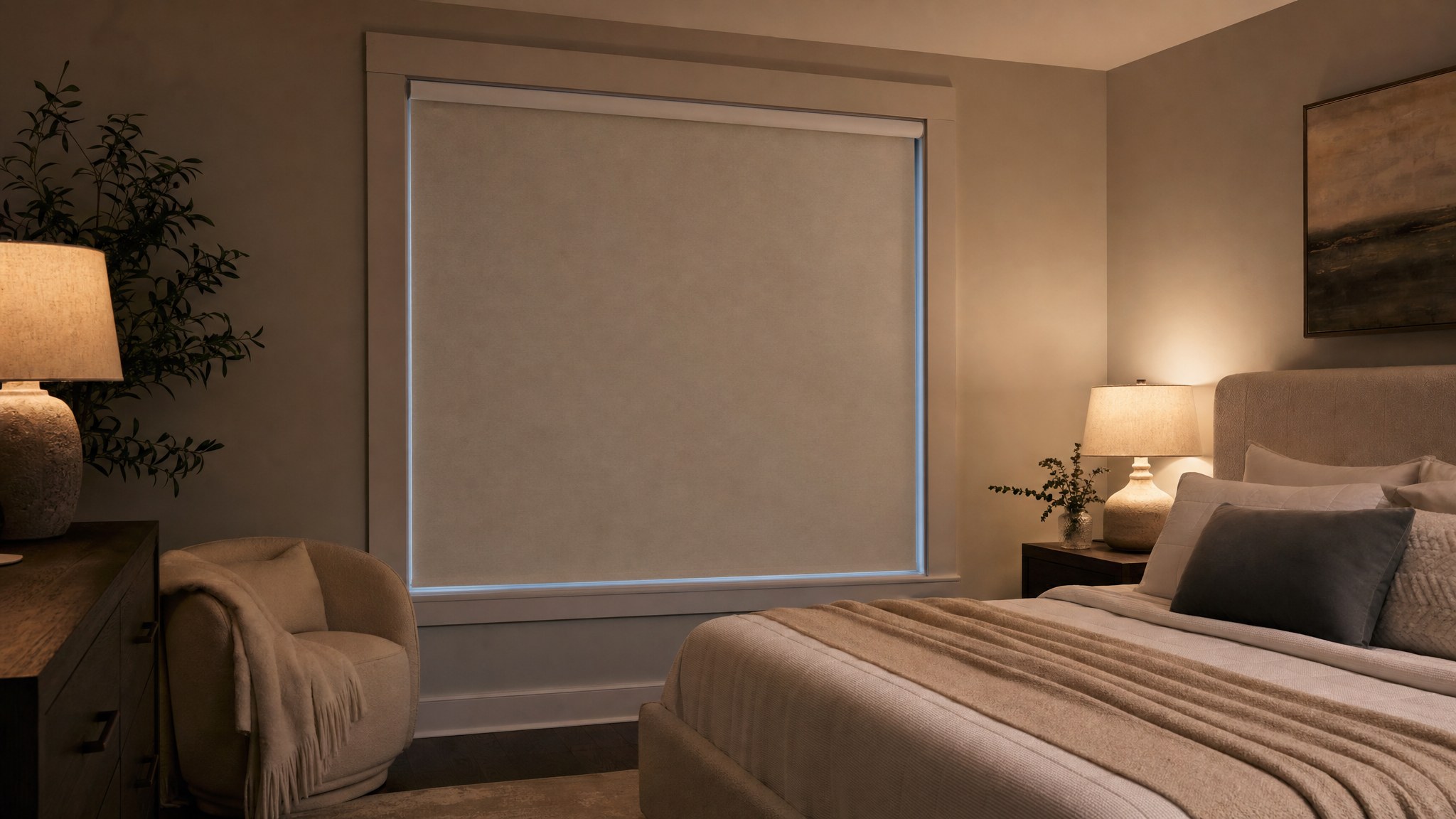 Room-darkening roller shade providing privacy in a softly lit bedroom