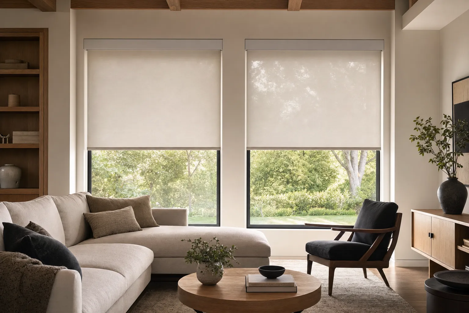 Two tailored motorized roller shades in a warm modern living room
