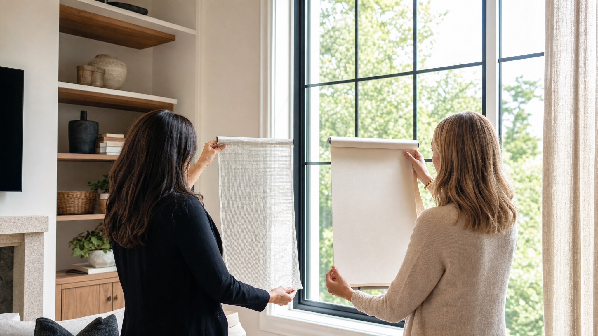 Homeowner and consultant comparing solar and roller shade samples beside a large window