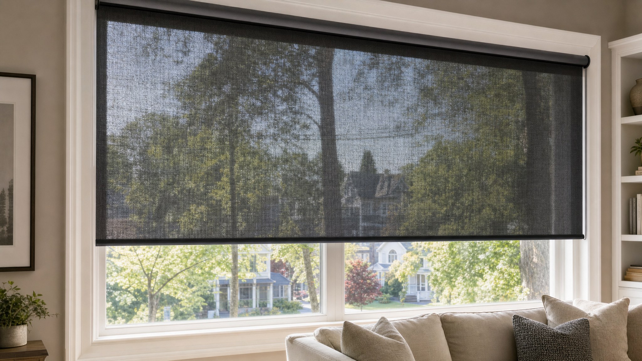 Charcoal solar shade filtering daylight while preserving a view through a living room window