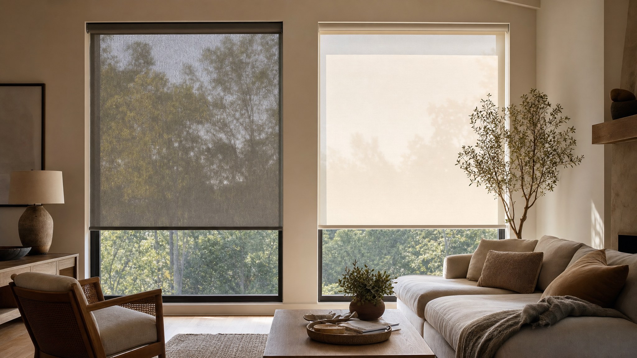 Solar shade and light-filtering roller shade across adjacent living room windows