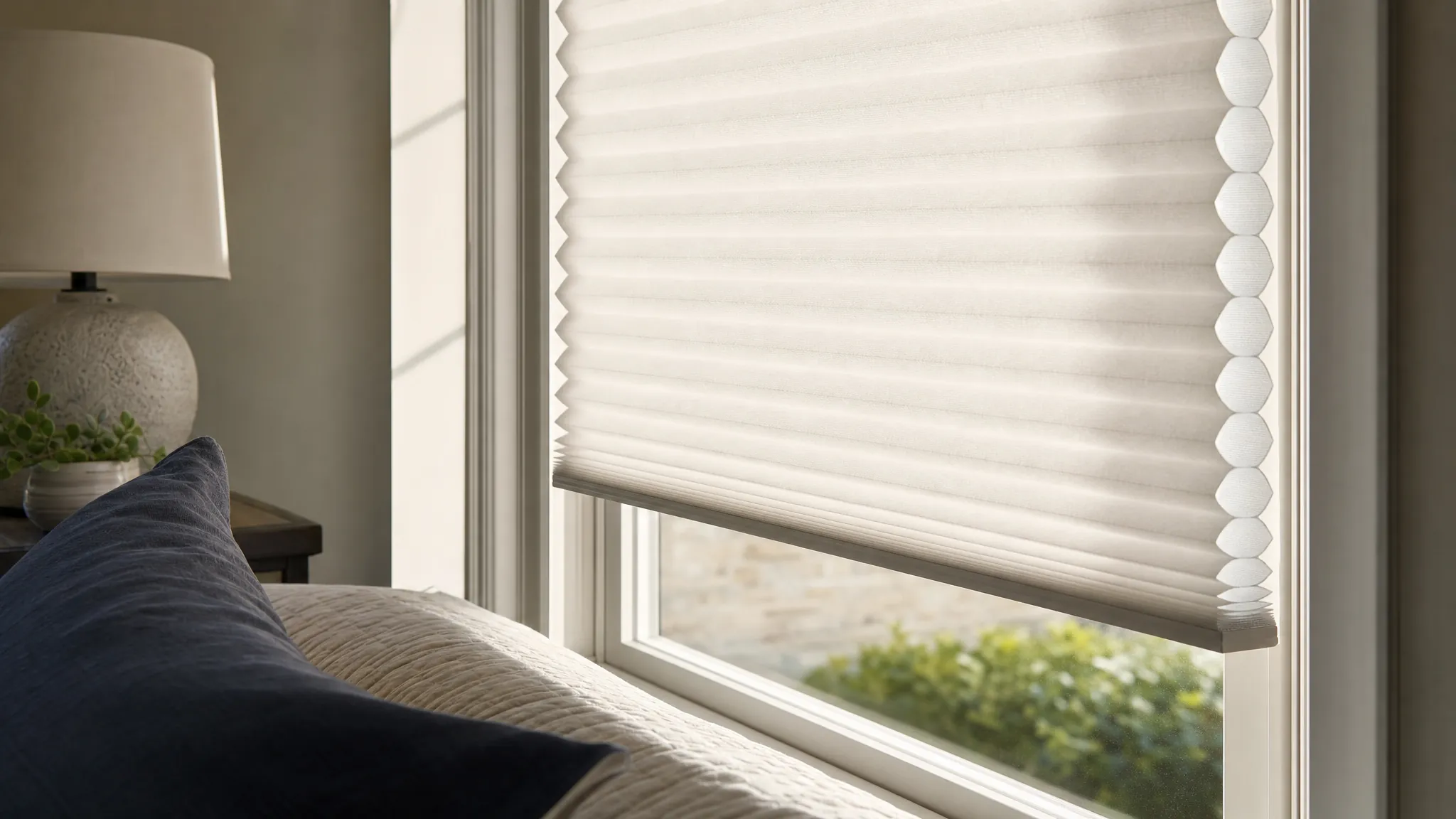 White cellular shade filtering sunlight beside a bedroom window