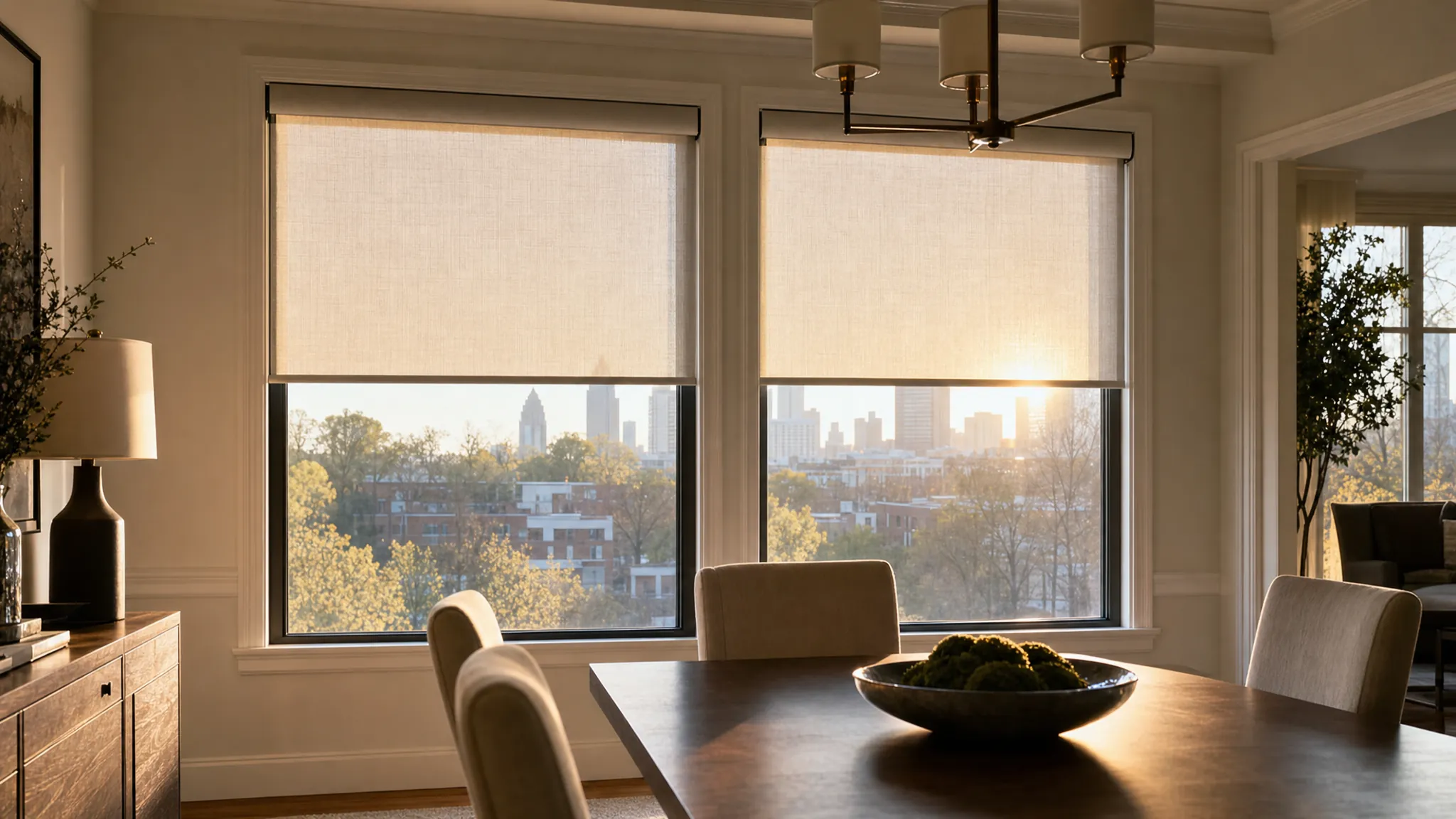 Matching roller shades filtering afternoon sun across an Atlanta dining room