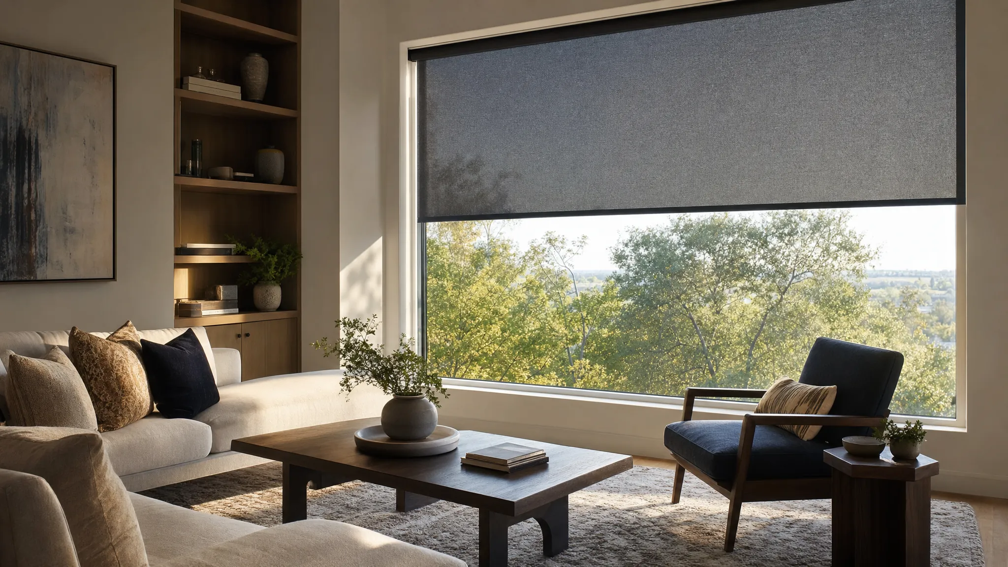Dark solar roller shade softening glare in a refined living room