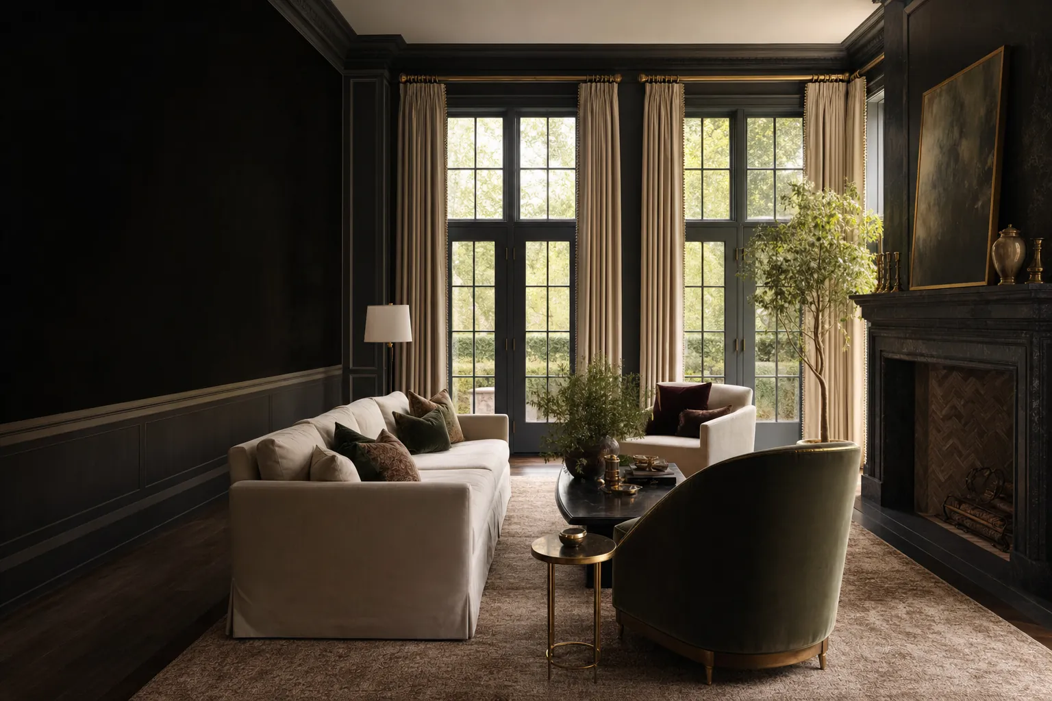 Elegant Atlanta estate living room with tall windows and custom drapery