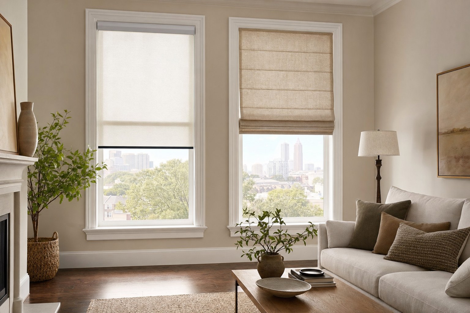 Roller shade and linen Roman shade in a warm Atlanta living room
