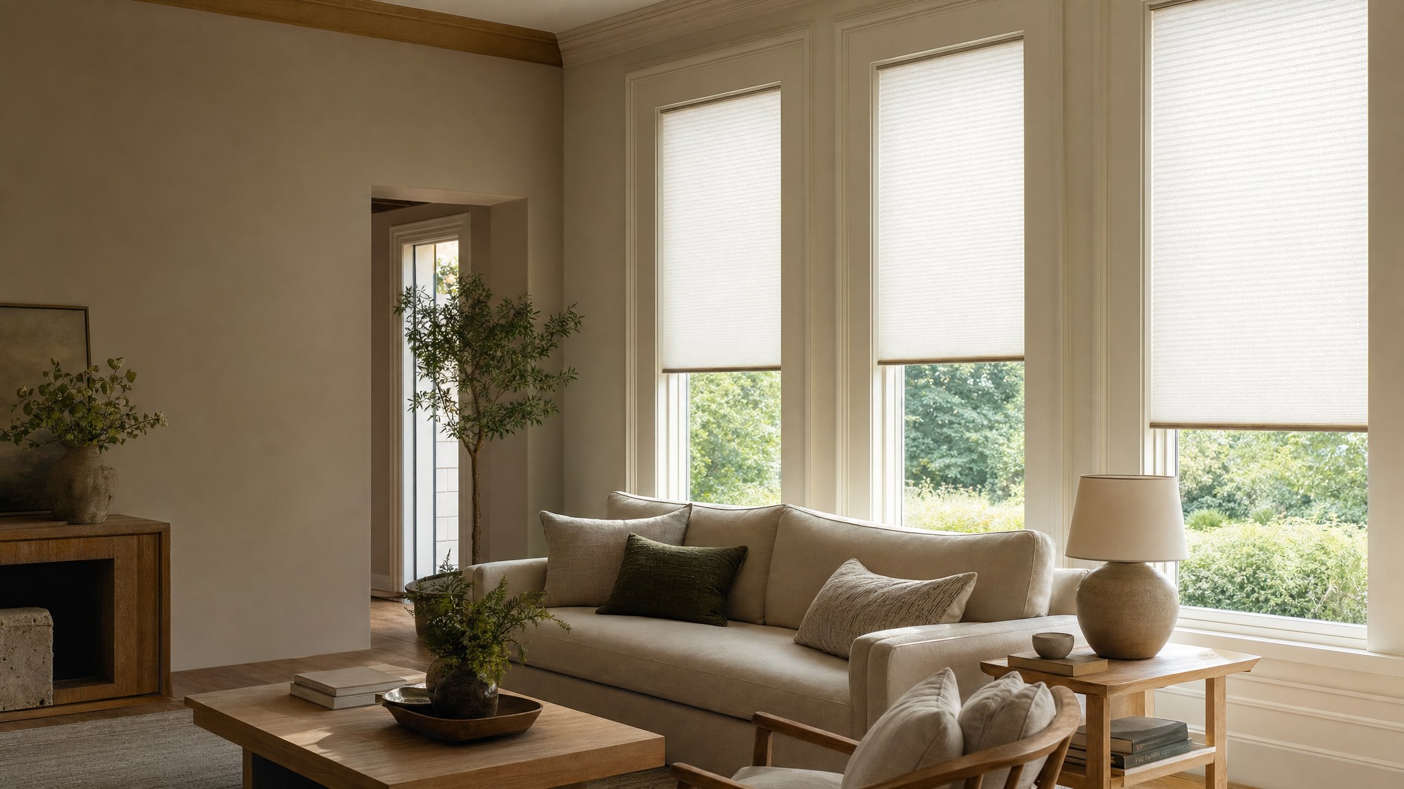 Cellular shades filtering daylight in a finished Atlanta living room
