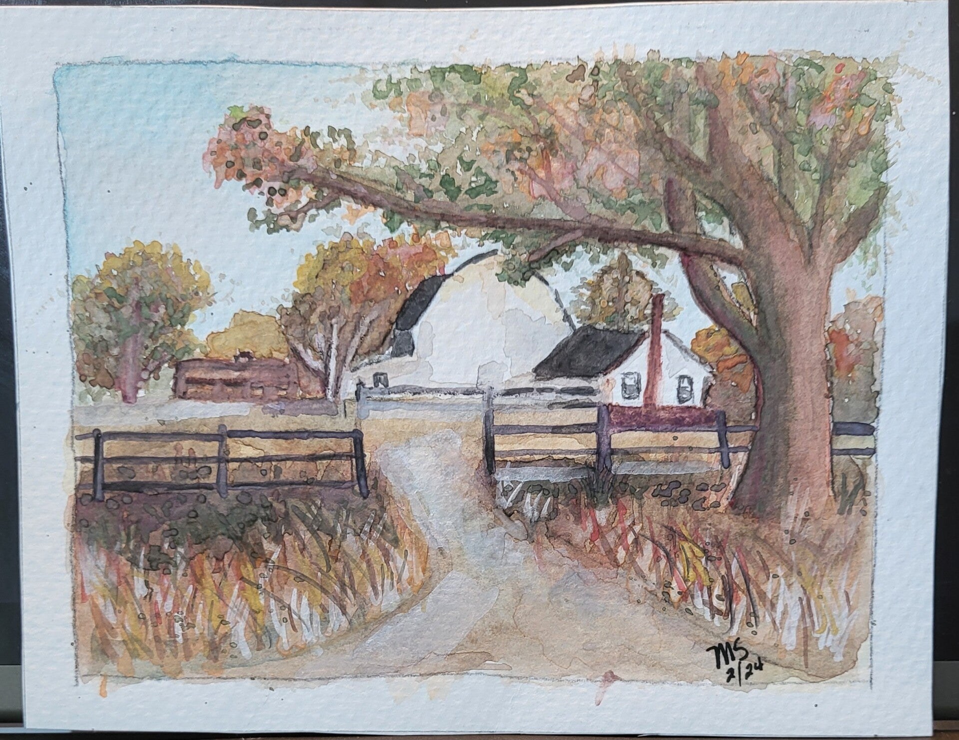 Watercolor farmhouse landscape painting