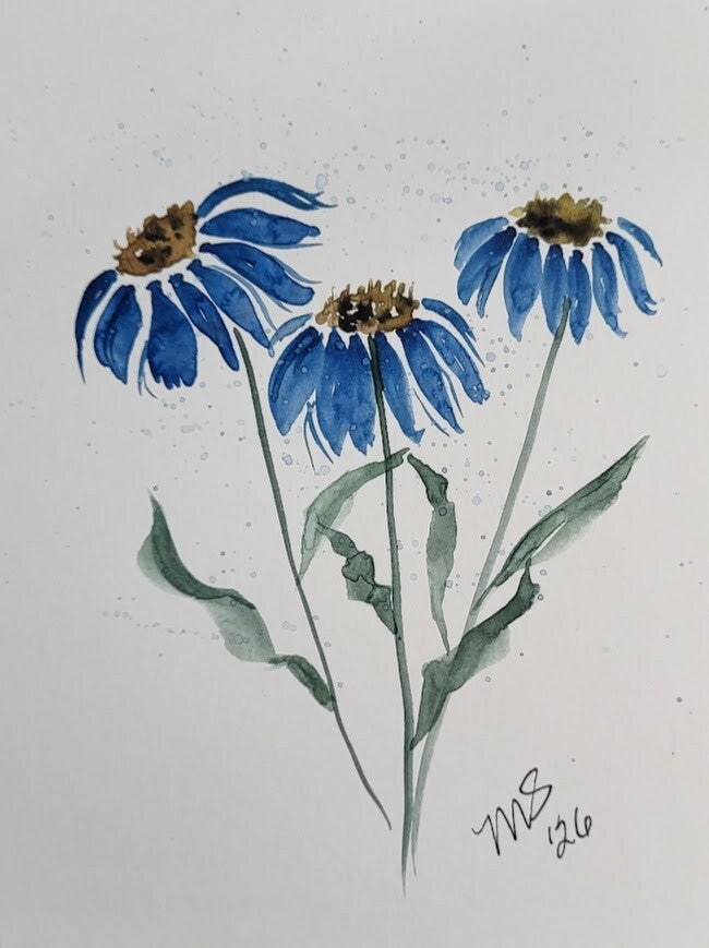 Blue coneflowers watercolor painting