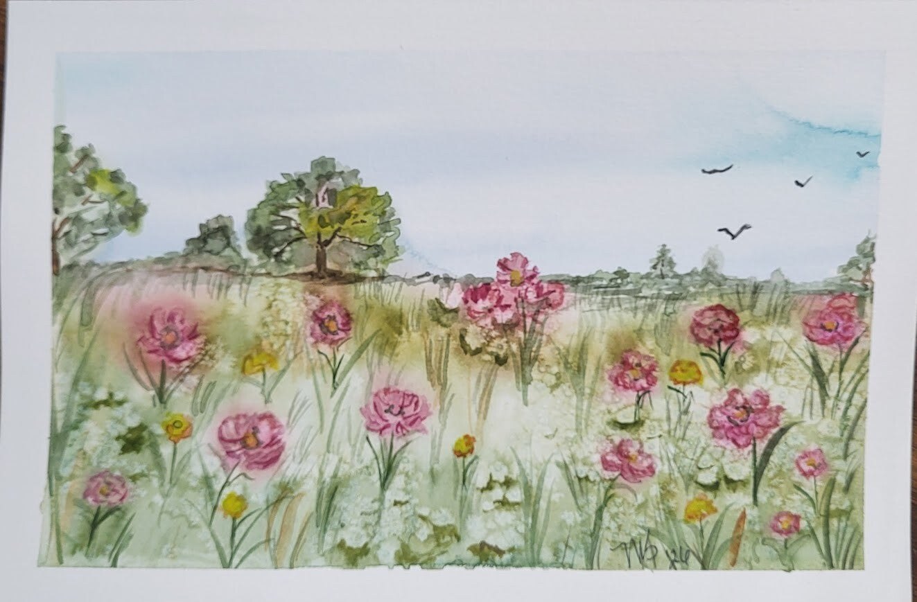 Field of poppies watercolor painting