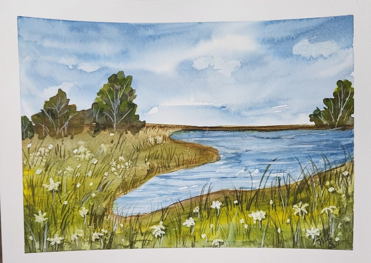 Landscape with pond watercolor painting