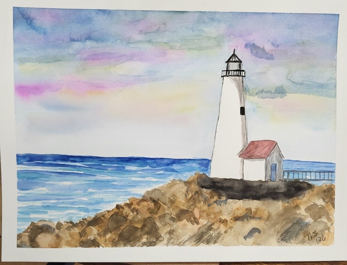 Coastal lighthouse watercolor painting
