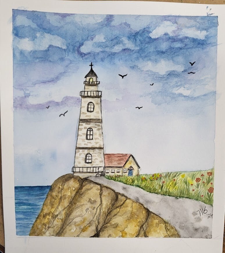 Lighthouse and sea watercolor painting