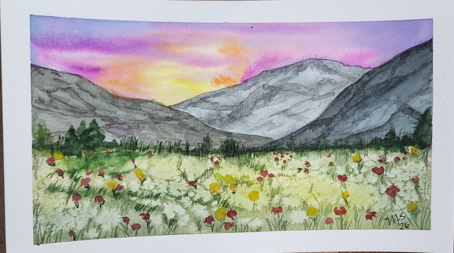 Mountains and poppy field watercolor painting