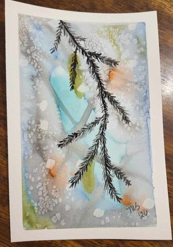 Pine branches watercolor painting